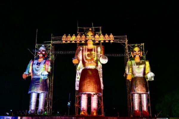 60-feet-tall Ravana effigy burnt on Dussehra organized by Salt Lake Sanskritik Sansad & Sanmarg at Central Park (Salt Lake), Kolkata